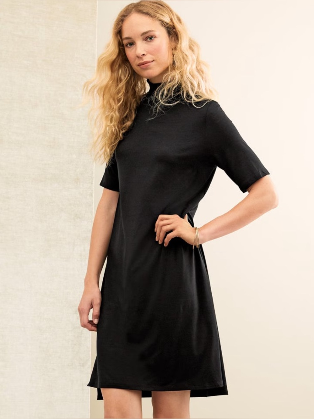 Eileen Fisher Black Mock Neck TENCEL Elbow Sleeve Relaxed Fit Knee Length Dress